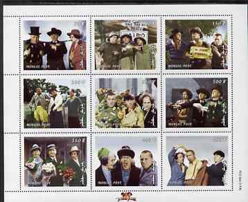 Mongolia 1998 The Three Stooges (Comedy series) perf m/sheet #2 containing 9 values unmounted mint, SG MS 2697b, stamps on , stamps on  stamps on films, stamps on  stamps on cinema, stamps on  stamps on comedy, stamps on  stamps on golf, stamps on  stamps on 