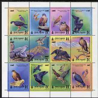 Mongolia 1999 Raptors perf m/sheet containing 12 values unmounted mint, SG MS2729, stamps on , stamps on  stamps on birds, stamps on  stamps on falcons, stamps on  stamps on kestrels, stamps on  stamps on birds of prey, stamps on  stamps on 