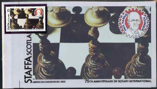Staffa 1980 Chess Pieces (75th Anniversary of Rotary International) - original composite artwork for 22p value comprising photograph of main design (American Chesspieces)..., stamps on chess      rotary