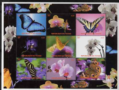 Chad 2008 Butterflies & Orchids perf sheetlet containing set of 9 values unmounted mint. Note this item is privately produced and is offered purely on its thematic appeal. , stamps on , stamps on  stamps on butterflies, stamps on  stamps on orchids, stamps on  stamps on flowers