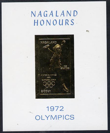 Nagaland 1972 Olympics (Ice Skating) 2ch value imperf in gold on glossy card, stamps on olympics, stamps on sport, stamps on skating