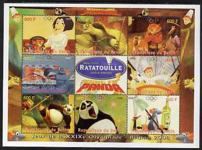 Benin 2008 Beijing Olympics - Disney's Ratatouille & Kung Fu Panda perf sheetlet containing 8 values plus label unmounted mint. Note this item is privately produced and is offered purely on its thematic appeal. , stamps on olympics, stamps on disney, stamps on martial arts, stamps on pandas, stamps on bears, stamps on turtles