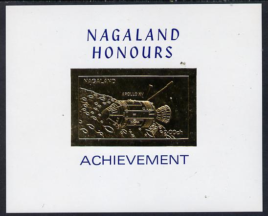 Nagaland 1972 Apollo 15 2ch value embossed in gold on glossy card (imperf), stamps on space
