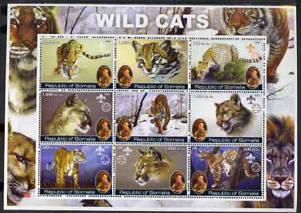 Somalia 2002 Wild Cats perf sheetlet containing set of 9 values (also showing Baden Powell and Scout & Guide Logos) unmounted mint, stamps on , stamps on  stamps on cats, stamps on  stamps on personalities, stamps on  stamps on scouts, stamps on  stamps on guides