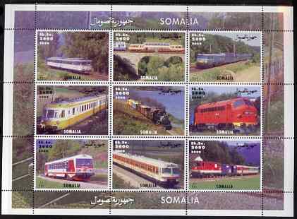 Somalia 2000 Modern Trains perf sheetlet containing set of 9 values unmounted mint, stamps on , stamps on  stamps on railways