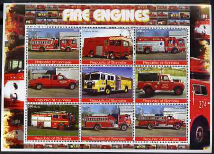 Somalia 2002 Fire Engines #2 perf sheetlet containing set of 9 values unmounted mint, stamps on , stamps on  stamps on fire