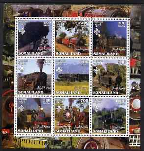 Somaliland 2002 Steam Trains #1 perf sheetlet containing set of 9 values each with Scout Logo unmounted mint, stamps on railways, stamps on scouts