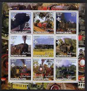 Somaliland 2002 Steam Trains #1 perf sheetlet containing set of 9 values each with Scout Logo unmounted mint, stamps on , stamps on  stamps on railways, stamps on  stamps on scouts