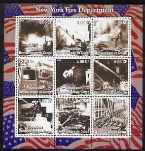 Congo 2002 New York Fire  Department perf sheetlet containing 9 values, unmounted mint. Note this item is privately produced and is offered purely on its thematic appeal