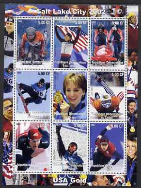 Congo 2002 Salt Lake City Olympics - USA Gold perf sheetlet containing 9 values unmounted mint. Note this item is privately produced and is offered purely on its thematic appeal, stamps on olympics, stamps on flags, stamps on bob sled, stamps on skating, stamps on skiing