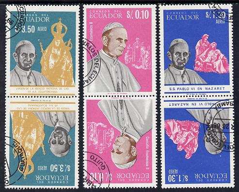 Ecuador 1966 Pope Paul VI cto set of 3 in tete-beche pairs, stamps on , stamps on  stamps on personalities    religion      pope