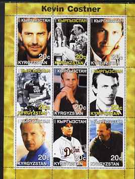 Kyrgyzstan 2000 Kevin Costner perf sheetlet containing 9 values unmounted mint, stamps on , stamps on  stamps on films, stamps on  stamps on cinema, stamps on  stamps on personalities, stamps on  stamps on entertainments, stamps on  stamps on movies