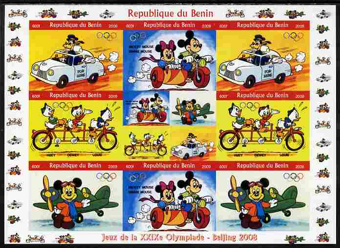 Benin 2009 Beijing Olympics #3 - Disney Characters (Transport) imperf sheetlet containing 8 values plus label unmounted mint. Note this item is privately produced and is offered purely on its thematic appeal, stamps on , stamps on  stamps on olympics, stamps on  stamps on disney, stamps on  stamps on transport, stamps on  stamps on aviation, stamps on  stamps on bicycles, stamps on  stamps on cars, stamps on  stamps on motorbikes