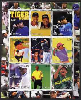 Buriatia Republic 2001 Tiger Woods perf sheetlet containing 9 values unmounted mint , stamps on , stamps on  stamps on personalities, stamps on  stamps on golf, stamps on  stamps on tiger woods, stamps on  stamps on sport, stamps on  stamps on tigers