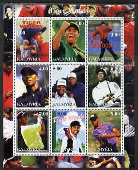 Kalmikia Republic 2001 Tiger Woods perf sheetlet containing 9 values unmounted mint , stamps on , stamps on  stamps on personalities, stamps on  stamps on golf, stamps on  stamps on tiger woods, stamps on  stamps on tigers