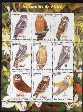 St Thomas & Prince Islands 2004 Owls perf sheetlet containing set of 9 values unmounted mint , stamps on , stamps on  stamps on birds, stamps on  stamps on owls, stamps on  stamps on birds of prey