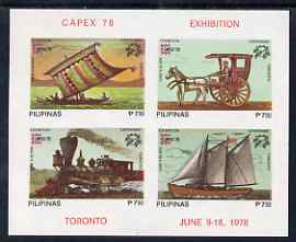 Philippines 1978 Capex Stamp Exhibition imperf m/sheet (green background) unmounted mint SG MS 1462b, stamps on stamp exhibitions, stamps on ships, stamps on railways, stamps on horses, stamps on transport