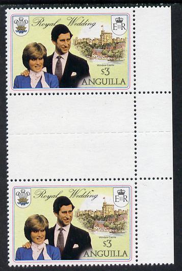 Anguilla 1981 Royal Wedding $3 vert gutter pair with double black (from uncut booklet pane sheet) as SG 469ab, stamps on royalty, stamps on diana, stamps on charles, stamps on , stamps on castles