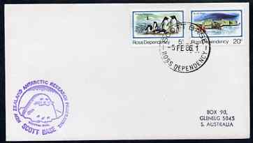 Ross Dependency 1986 cover bearing 5c penguins & 20c Scott base with Scott Base cancel & New Zealand Antarctic Research Programme, Scott Base cachet showing a Seal in violet, stamps on polar, stamps on penguins, stamps on seals