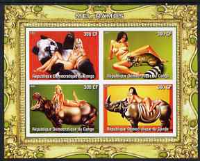 Congo 2005 Nude Pin-Up Paintings by Mel Ramos #4 imperf sheetlet containing 4 values unmounted mint (Models with Animals), stamps on arts, stamps on nudes, stamps on ramos, stamps on animals, stamps on pandas, stamps on rhinos, stamps on hippo, stamps on 
