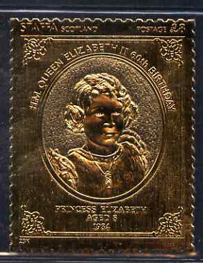 Staffa 1986 Queens 60th Birthday £8 Princess Elizabeth Aged 8 (1934) embossed in 23k gold foil (with silver background) unmounted mint, stamps on royalty
