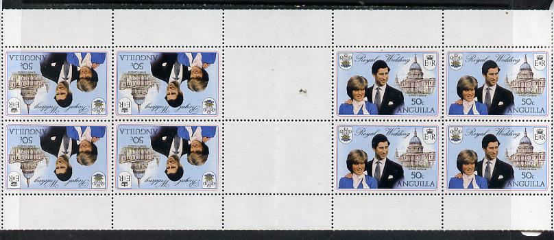 Anguilla 1981 Royal Wedding 50c two uncut booklet panes of 4 in horiz tete-beche format each with double black (as SG 468ab), stamps on royalty, stamps on diana & charles, stamps on diana, stamps on charles