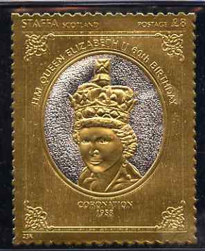 Staffa 1986 Queens 60th Birthday £8 Coronation (1953) embossed in 23k gold foil (with silver background) unmounted mint, stamps on royalty, stamps on charles