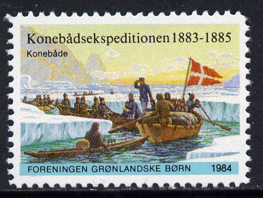 Cinderella - Greenland 1984 label commemorating the 1883-85 Konebade Expedition showing the team in boats unmounted mint, stamps on , stamps on  stamps on explorers     polar