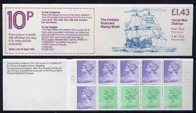 Great Britain 1982 Holiday Postcard Book (The Golden Hinde) £1.43 booklet complete with cyl number in margin at left SG FN3A, stamps on ships, stamps on drake, stamps on explorers