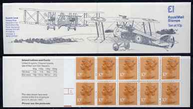 Great Britain 1979-81 Military Aircraft #2 (Sopwith Camel & Vickers Vimy) Â£1.00 folded booklet with cyl number in margin at left SG FH2A, stamps on aviation, stamps on sopwith, stamps on vickers