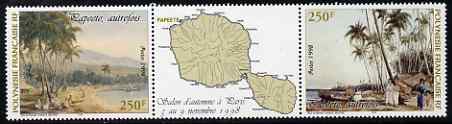 French Polynesia 1998 Stamp Aalon - Papeete Bay Paintings by Gillotin perf se-tensnt strip of 2 plus label unmounted mint SG 831a, stamps on arts, stamps on stamp exhibitions, stamps on  maps