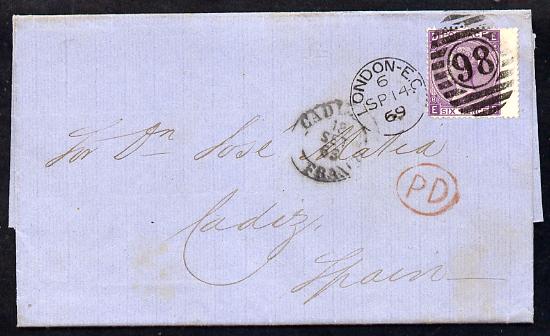 Great Britain 1869 entire to Spain bearing 6d SG109 plate 8 with fine London Duplex, stamps on , stamps on  qv , stamps on 