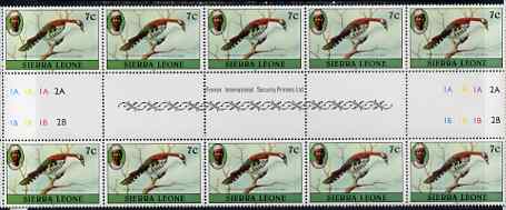 Sierra Leone 1980-82 Birds - Didric Cuckoo 7c (with 1982 imprint date) inter-paneau block of 10 (5 gutter pairs) unmounted mint SG 626B*, stamps on , stamps on  stamps on birds, stamps on  stamps on cuckoo