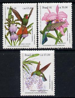 Brazil 1991 Brapex 91 Hummingbirds & Orchids set of 3 unmounted mint, SG 2500-02*, stamps on birds, stamps on flowers, stamps on orchids, stamps on postal, stamps on humming-birds, stamps on hummingbirds, stamps on stamp exhibitions