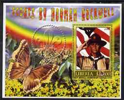 Liberia 2006 Scouts by Norman Rockwell #2 perf m/sheet with Butterfly, fine cto used, stamps on , stamps on  stamps on scouts, stamps on  stamps on rockwell, stamps on  stamps on arts, stamps on  stamps on butterflies, stamps on  stamps on rainbows