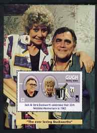 Gugh (Isles Of Scilly) 1995 35th Anniversary of Coronation Street perf souvenir sheet (Jack & Vera Duckworth) £2 value unmounted mint, stamps on , stamps on  stamps on personalities, stamps on  stamps on  tv , stamps on  stamps on wine, stamps on  stamps on alcohol