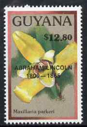 Guyana 1990 (?) Abraham Lincoln opt on $12.80 orchid (Maxillaria p) from World Personalities overprints, unmounted mint as SG type 465, stamps on , stamps on  stamps on personalities, stamps on  stamps on orchids, stamps on  stamps on flowers, stamps on  stamps on constitutions, stamps on  stamps on americana, stamps on  stamps on presidents