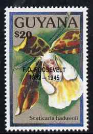 Guyana 1990 (?) F D Roosevelt opt on $20.00 orchid (Scuticaria h) from World Personalities overprints, unmounted mint as SG type 465, stamps on , stamps on  stamps on personalities, stamps on  stamps on orchids, stamps on  stamps on flowers, stamps on  stamps on constitutions, stamps on  stamps on americana, stamps on  stamps on presidents, stamps on  stamps on nato