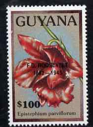 Guyana 1990 (?) F D Roosevelt opt on $100.00 orchid (Epistephium p) from World Personalities overprints, unmounted mint as SG type 465, stamps on personalities, stamps on orchids, stamps on flowers, stamps on constitutions, stamps on americana, stamps on presidents, stamps on nato