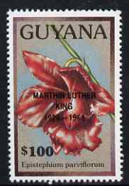 Guyana 1990 (?) Martin Luther King opt on $100.00 orchid (Epistephium p) from World Personalities overprints, unmounted mint as SG type 465, stamps on , stamps on  stamps on personalities, stamps on  stamps on orchids, stamps on  stamps on flowers, stamps on  stamps on constitutions, stamps on  stamps on human rights