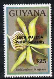 Guyana 1990 (?) Lech Walesa opt on $25.00 orchid (Epidendrum f) from World Personalities overprints, unmounted mint as SG type 465, stamps on , stamps on  stamps on personalities, stamps on  stamps on orchids, stamps on  stamps on flowers, stamps on  stamps on constitutions, stamps on  stamps on human rights, stamps on  stamps on nato.nobel