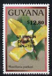 Guyana 1990 (?) Sir Winston Churchill opt on $12.80 orchid (Maxillaria p) from World Personalities overprints, unmounted mint as SG type 465, stamps on , stamps on  stamps on personalities, stamps on  stamps on orchids, stamps on  stamps on flowers, stamps on  stamps on churchill, stamps on  stamps on constitutions