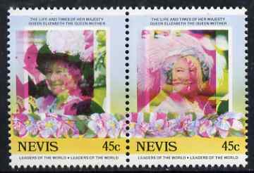 Nevis 1985 Life & Times of HM Queen Mother (Leaders of theWorld) 45c se-tenant pair with superb 3mm misplacement of magenta colour resulting in blurring and double portra..., stamps on royalty, stamps on queen mother