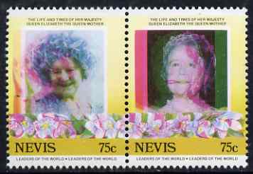 Nevis 1985 Life & Times of HM Queen Mother (Leaders of theWorld) 75c se-tenant pair with superb 3mm misplacement of magenta colour resulting in blurring and double portra..., stamps on royalty, stamps on queen mother