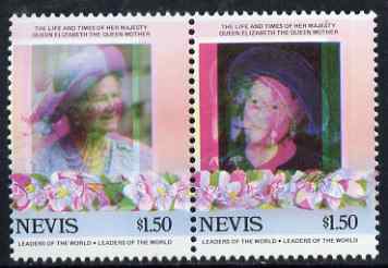 Nevis 1985 Life & Times of HM Queen Mother (Leaders of theWorld) $1.50 se-tenant pair with superb 3mm misplacement of magenta colour resulting in blurring and double port..., stamps on royalty, stamps on queen mother