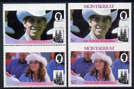 Montserrat 1986 Royal Wedding $2 se-tenant pair with Country name & value omitted, plus imperf pair as normal, all unmounted mint, SG 693avar, stamps on , stamps on  stamps on royalty, stamps on  stamps on andrew, stamps on  stamps on fergie