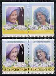 St Vincent 1985 Life & Times of HM Queen Mother (Leaders of theWorld) $1.20 se-tenant pair with black omitted (Country & value) plus normal pair, all unmounted mint, as SG 914avar, stamps on , stamps on  stamps on royalty, stamps on  stamps on queen mother