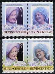 St Vincent 1985 Life & Times of HM Queen Mother (Leaders of theWorld) $1.20 se-tenant pair with yellow omitted (Affects background & Country tablet) plus normal pair, all unmounted mint, as SG 914avar, stamps on , stamps on  stamps on royalty, stamps on  stamps on queen mother