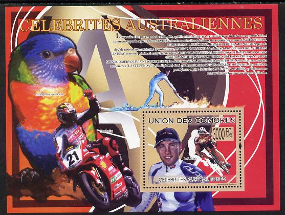 Comoro Islands 2009 Australian Celebrities perf s/sheet unmounted mint, stamps on personalities, stamps on sport, stamps on motorbikes, stamps on bicycles, stamps on parrots, stamps on 