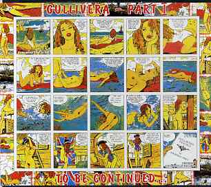 Benin 2003 Gullivera's Travels #01 - (Strip Cartoon) imperf sheetlet of 20 (2 values + 18 labels) unmounted mint, stamps on , stamps on  stamps on literature, stamps on  stamps on cartoons, stamps on  stamps on nudes, stamps on  stamps on women, stamps on  stamps on erotica